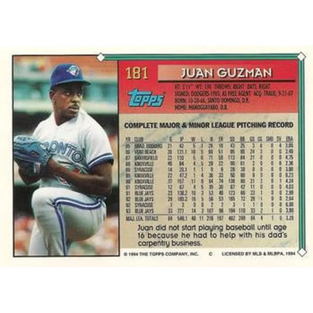 1994 Topps Juan Guzman # 181 Toronto Blue Jays